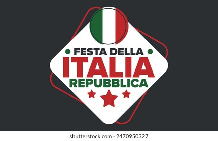 Italia. Festa della Repubblica Italiana. Texto en italiano: Día de la República Italiana Feliz fiesta nacional. Celebrado anualmente el 2 de junio en Italia. Bandera de Italia. Diseño patriótico. póster de Vector