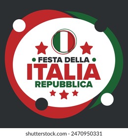 Italia. Festa della Repubblica Italiana. Texto en italiano: Día de la República Italiana Feliz fiesta nacional. Celebrado anualmente el 2 de junio en Italia. Bandera de Italia. Diseño patriótico. póster de Vector