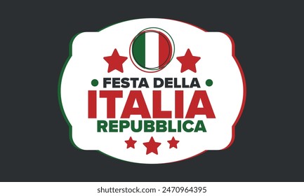 Italia. Festa della Repubblica Italiana. Texto en italiano: Día de la República Italiana Feliz fiesta nacional. Celebrado anualmente el 2 de junio en Italia. Bandera de Italia. Diseño patriótico. póster de Vector