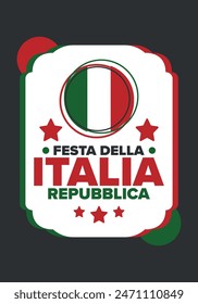 Italia. Festa della Repubblica Italiana. Text in italian: Italian Republic Day. Happy national holiday. Celebrated annually on June 2 in Italy. Italy flag. Patriotic design. Vector poster