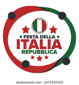 Italia. Festa della Repubblica Italiana. Text in italian: Italian Republic Day. Happy national holiday. Celebrated annually on June 2 in Italy. Italy flag. Patriotic design. Vector poster