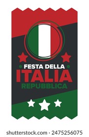 Italia. Festa della Repubblica Italiana. Texto en italiano: Día de la República Italiana Feliz fiesta nacional. Celebrado anualmente el 2 de junio en Italia. Bandera de Italia. Diseño patriótico. póster de Vector