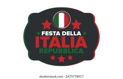 Italia. Festa della Repubblica Italiana. Texto en italiano: Día de la República Italiana Feliz fiesta nacional. Celebrado anualmente el 2 de junio en Italia. Bandera de Italia. Diseño patriótico. póster de Vector