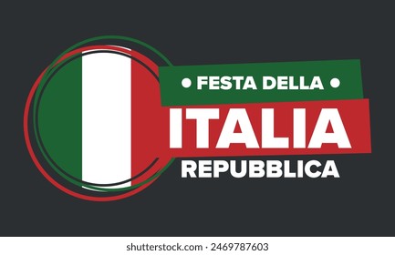 Italia. Festa della Repubblica. Texto en italiano: Día de la República Italiana Feliz fiesta nacional. Celebrado anualmente el 2 de junio en Italia. Bandera de Italia. Diseño patriótico. póster de Vector