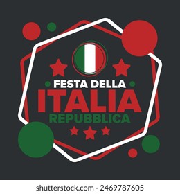 Italia. Festa della Repubblica. Text in italian: Italian Republic Day. Happy national holiday. Celebrated annually on June 2 in Italy. Italy flag. Patriotic design. Vector poster