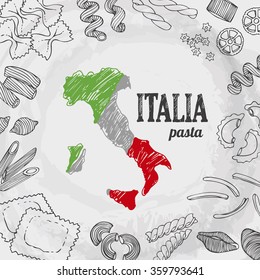 Italia food set, vector background with hand drawn italian pasta, map of Italy