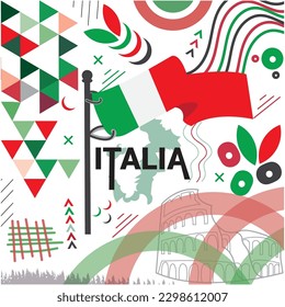 Italia geometric national day banner background,vector illustration,Italian flag and map with Rome landmark design.Abstract geometric retro shapes of red and green color.