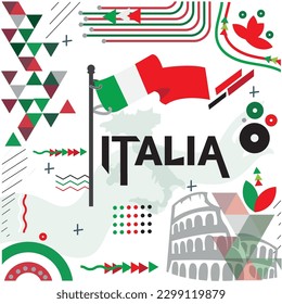 Italia geometric national day banner background,Italian flag and map with Rome landmark design.Abstract vector illustration,geometric retro shapes of red and green color.