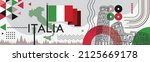 Italia national day banner design. Italian flag and map theme with Rome landmark background. Abstract geometric retro shapes of red and green color. Italy Vector illustration. 