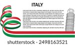 Italia national day banner design. Italian flag theme with Rome landmark background. Abstract ribbon curve red and green color. Italy Vector illustration isolated on white background.