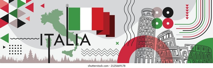 Italia national day banner design. Italian flag and map theme with Rome landmark background. Abstract geometric retro shapes of red and green color. Italy Vector illustration. 