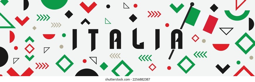 Italia national day banner design. Italian flag and map theme with Rome landmark background. Abstract geometric retro shapes of red and green color. Italy Vector illustration.
