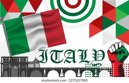 Italia national day banner design. Italian flag and map theme with Rome landmark background. Abstract geometric retro shapes of red and green color. Italy Vector illustration.
