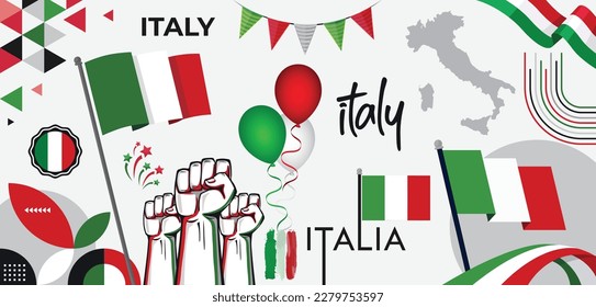 Italia national day banner design collection set. Italian flag theme graphic art background. Abstract celebration decoration icons, red white green color. Italy map ribbon badge fists balloons vector.