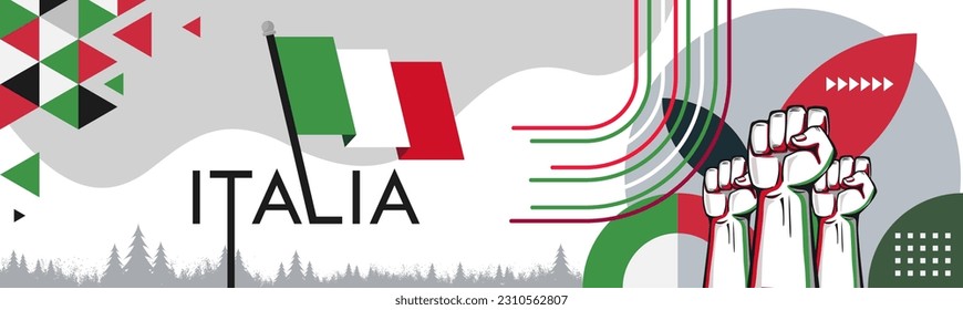 Italia national day banner design. Italian flag theme graphic art web background. Abstract celebration decoration raised fists, red white green color. Italy flag geometric vector illustration.