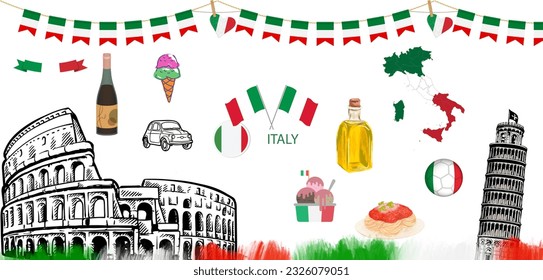 Italia national day banner design. Italian flag and map theme with Rome landmark background. Abstract geometric retro shapes of red and green color. Italy Vector illustration.