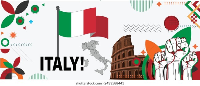 Italia national day banner design. Italian flag and map theme with Rome  background