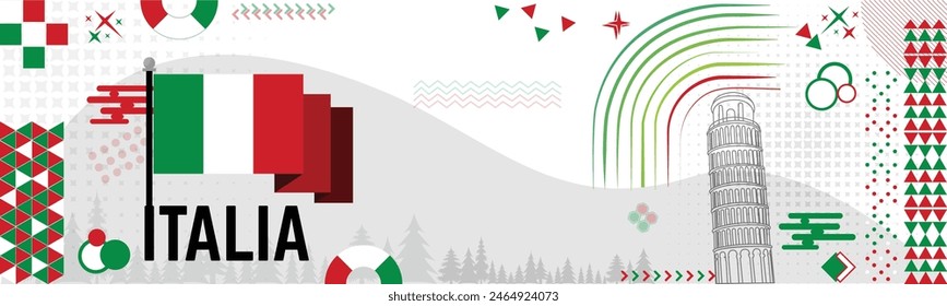 Italia national day banner design. Italian flag with pisa tower in the background. Abstract geometric retro shapes of red and green color. Italy Vector illustration.