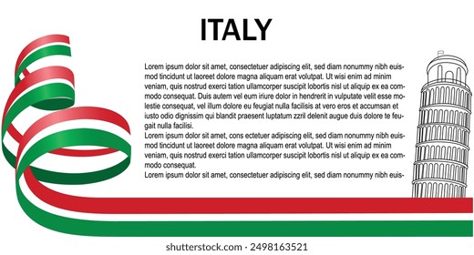 Italia national day banner design. Italian flag theme with Rome landmark background. Abstract ribbon curve red and green color. Italy Vector illustration isolated on white background.