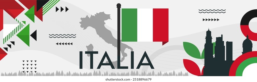 Italia national day banner design. Italian flag theme background. Abstract geometric retro shapes. Italy Vector illustration.