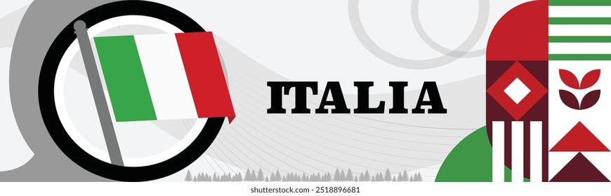 Italia national day banner design. Italian flag theme background. Abstract geometric retro shapes. Italy Vector illustration.