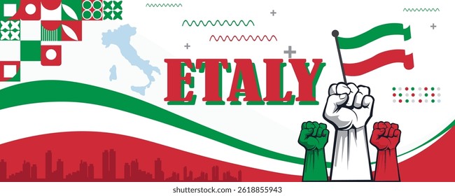Italia National Day Banner Design with Italian Flag and Map Theme – Rome Landmark Background with Abstract Geometric Retro Shapes in Red and Green Colors, Italy Vector Illustration