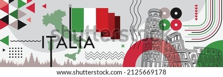 Italia national day banner design. Italian flag and map theme with Rome landmark background. Abstract geometric retro shapes of red and green color. Italy Vector illustration. 