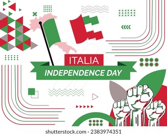 Italia national day banner with map, flag colors theme background and geometric abstract retro modern colorfull design with raised hands or fists. 
