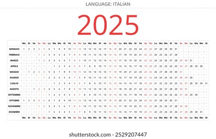 Calendário anual linear italiano de 2025. Dias do mês consecutivos. Ilustração de vetor imprimível para Itália - Calendario