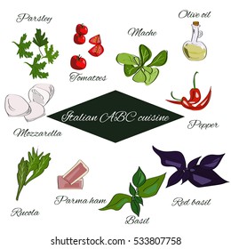 Italian ABC cuisine. Spices annd herbs and basic products of Italian cuisine.