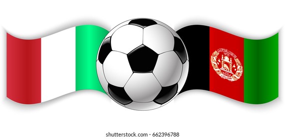 Italian and Afghan wavy flags with football ball. Italy combined with Afghanistan isolated on white. Football match or international sport competition concept.