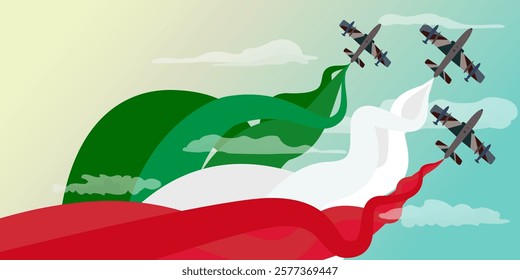 Italian Air Force Frecce Tricolori planes celebrating Italy Republic Day, Military jet parade fighters planes releasing colors white, green and red smoke