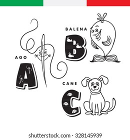 Italian alphabet. Needle, whale, dog. Vector letters and characters.