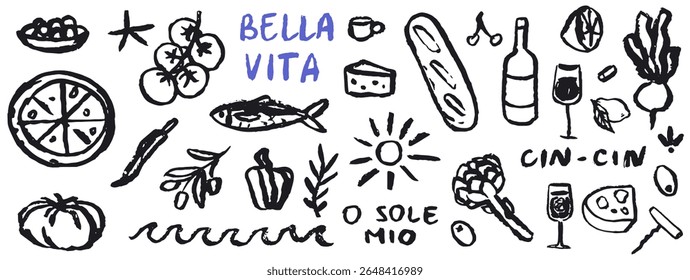 A arte italiana amalfi sicilia desenhada à mão ilustrações vetoriais em grunge esboço grosso esboço elementos de estilo. Dolce vita Itália mar férias giz desenhos estilo carvão para cartaz, cartaz, impressão padrão.