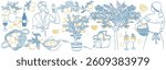 Italian amalfi sicily style vacation hand drawn vector illustrations in ink line doodle sketch style. Lemon tree, woman holding basket on vacation charcoal style drawings for poster, placard or print.