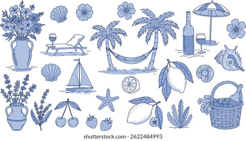Italian amalfi sicily style vacation hand drawn vector illustrations in grunge rough doodle sketch style elements.
