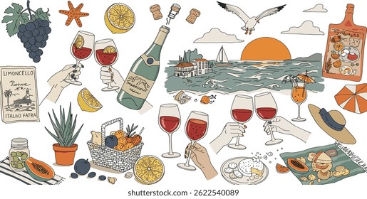 Italian amalfi sicily style vacation hand drawn vector illustration in mixed media style with doodle sketch elements