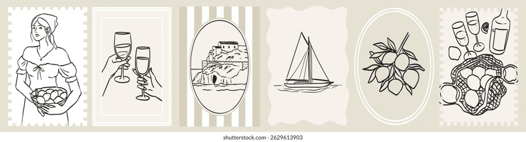 Italiano Amalfi férias de verão doodle estilo ilustrações. Vetor tinta mão desenhado costa Itália mar, limões, vinho e elementos de comida. Descanso de fim de semana no mar para convite para festa na praia ou piquenique.