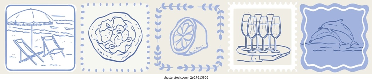 Italian Amalfi summer vacation doodle style illustrations. Vector ink hand drawn Italy coast sea, lemons, wine and food elements. Sea weekend rest prints for invitation card to beach party or picnic.