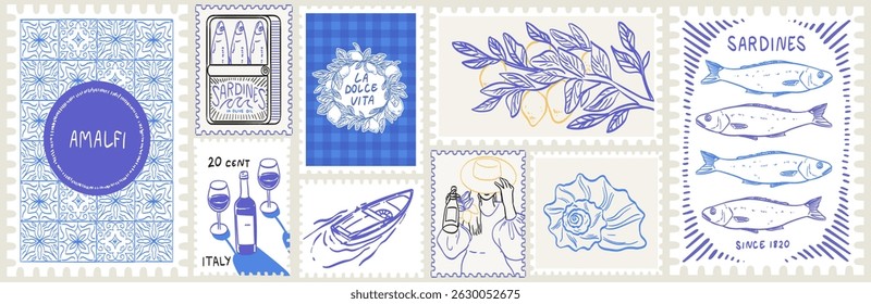Italian Amalfi summer vacation doodle illustrations in stamp frames. Vector ink hand drawn Italy coastal sea and nature, lemons, wine and food elements, prints or invitation card, poster and placard.