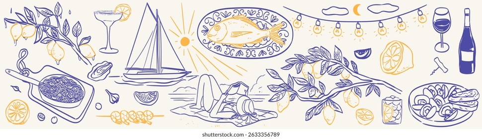 Italian Amalfi summer vacation doodle style illustrations. Vector ink hand drawn Italy coast sea, lemons, wine and food elements. Sea weekend rest drawing for poster, event placard, menu and prints.