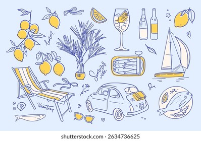 Italian amalfi summer vacation elements set with lemons in doodle style . Vector linear ink hand drawn Italy coast sea or beach stuff. Sea weekend collection for beach party, picnic.