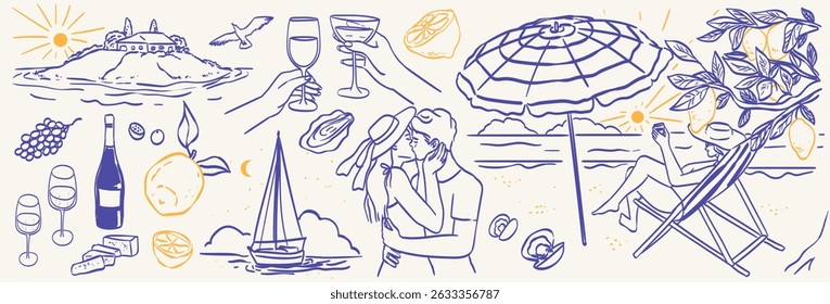 Italian Amalfi summer wedding vacation doodle style illustrations. Vector ink hand drawn Italy coast sea, lemons, wine and food elements. Sea weekend prints for invitation card to beach party, picnic.