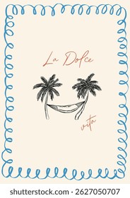 Italian Amalfi-style vacation illustration palm trees and a hammock, hand-drawn in ink line doodle sketch style. Beachy vibe, perfect for posters, placards, or prints. Sicilian coastal relaxation