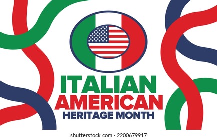 Italian American Heritage Month. Happy holiday celebrate annual in October. Italy and United States flag. Culture month. Patriotic design. Poster, card, banner, template. Vector illustration