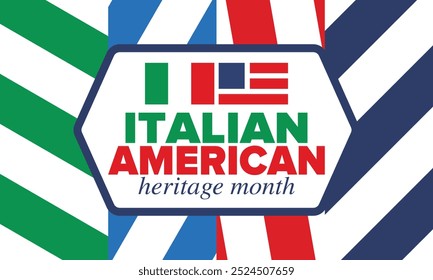 Italian American Heritage Month. Happy holiday celebrate annual in October. Italy and United States flag. Culture month. Patriotic design. Poster, card, banner, template. Vector illustration