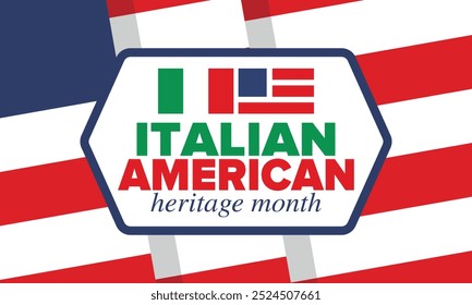 Italian American Heritage Month. Happy holiday celebrate annual in October. Italy and United States flag. Culture month. Patriotic design. Poster, card, banner, template. Vector illustration