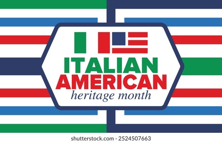 Italian American Heritage Month. Happy holiday celebrate annual in October. Italy and United States flag. Culture month. Patriotic design. Poster, card, banner, template. Vector illustration