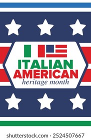 Italian American Heritage Month. Happy holiday celebrate annual in October. Italy and United States flag. Culture month. Patriotic design. Poster, card, banner, template. Vector illustration