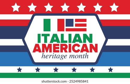 Italian American Heritage Month. Happy holiday celebrate annual in October. Italy and United States flag. Culture month. Patriotic design. Poster, card, banner, template. Vector illustration